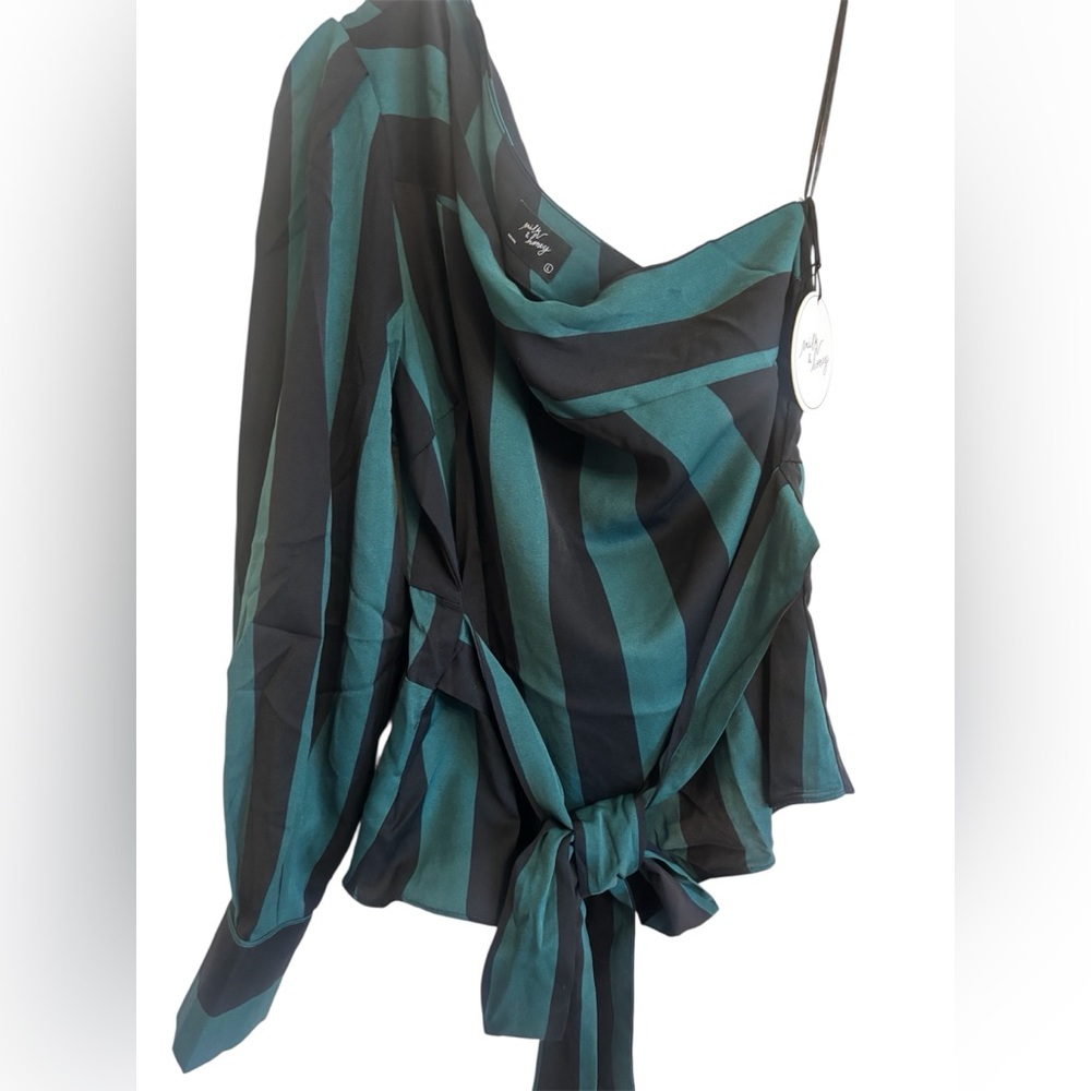 Striped Teal & Black Tie-Waist Blouse
